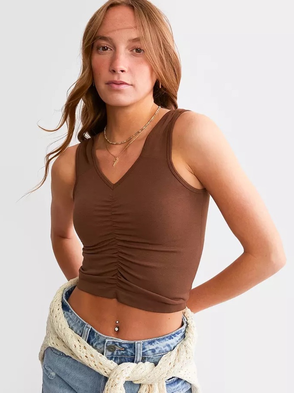 Intimately Free People Sleeveless Ruched V-Neck Crop Tank Top Brown